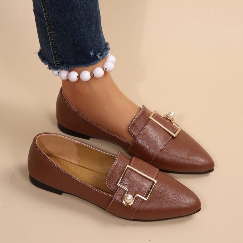 Fashion Women Flat Shoes Chaussures De Femme Solid Color Basic Simple Style Large  Square Head Comfortable Pearls Loafers