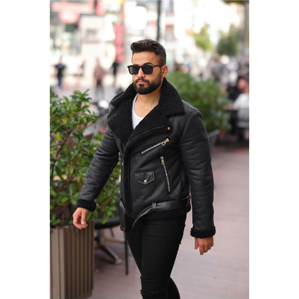 Laminated Leather Double-breasted Coat With Complete Fur Inside