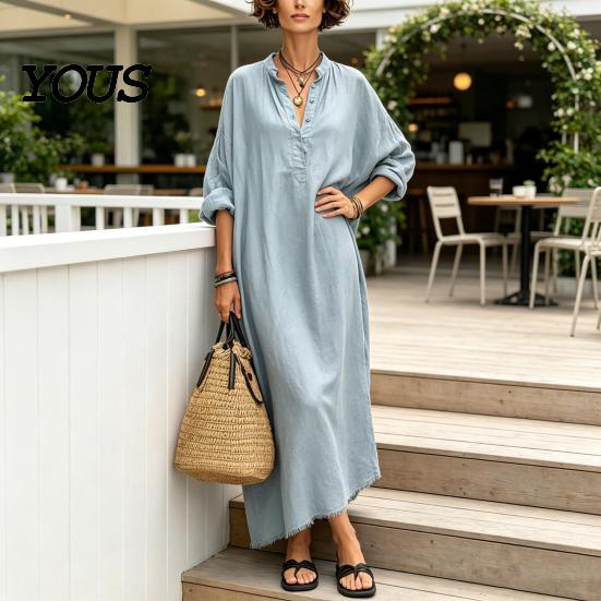 Elegant Casual Dress Summer Maxi for Women, V-Neck Oversized Boho Long Women Dress, Sleeve Button Up Vacation Sundress with Pockets Simple Style