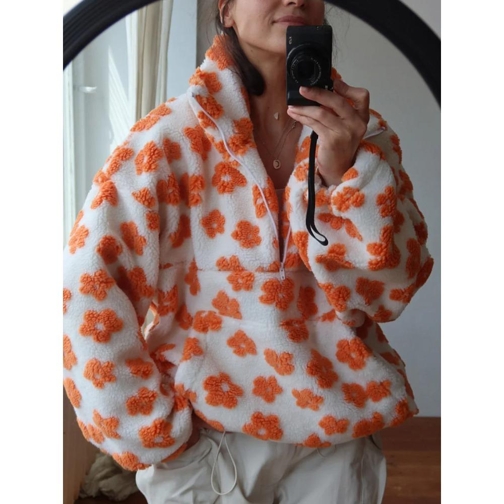 Осень Зима Женские Шерпа Цветочные Пуловеры Худи Стиль Половина Молнии Свободный Крой Теплая Стильная Толстовка S оранжевый
