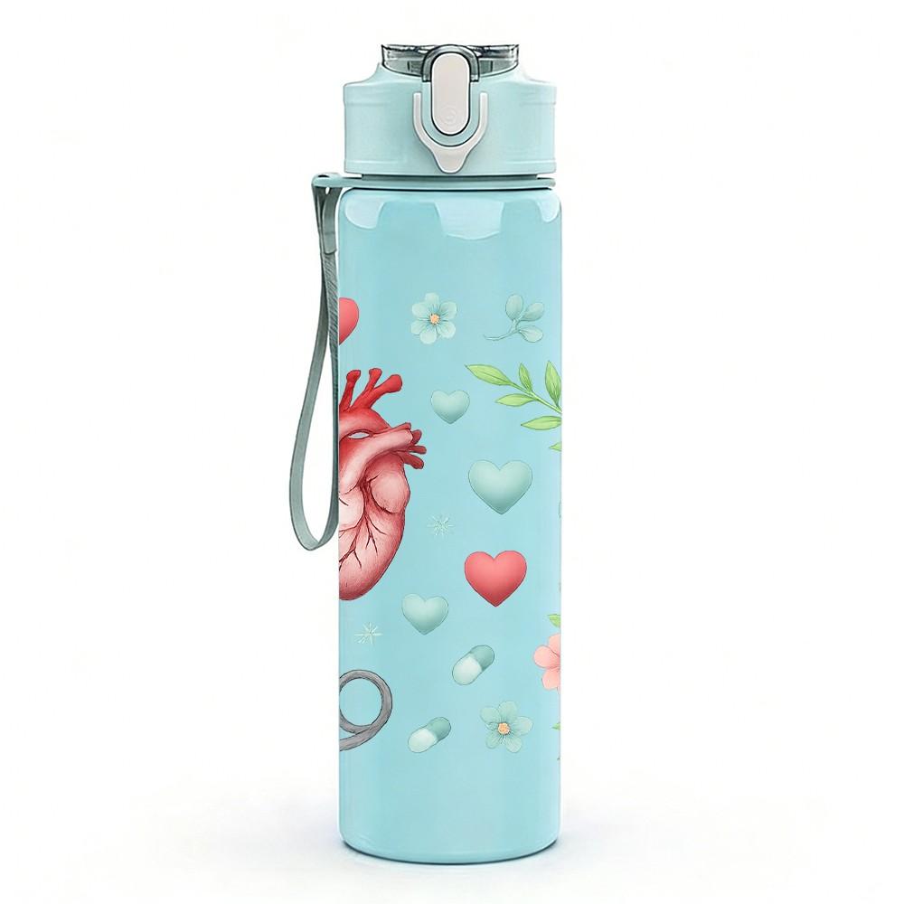 1PC Heart Stethoscope Medical Pattern 750ml Color Plastic Sports Water Bottle Leakproof Flip Straw Lid Suitable for Sports Office Home Use