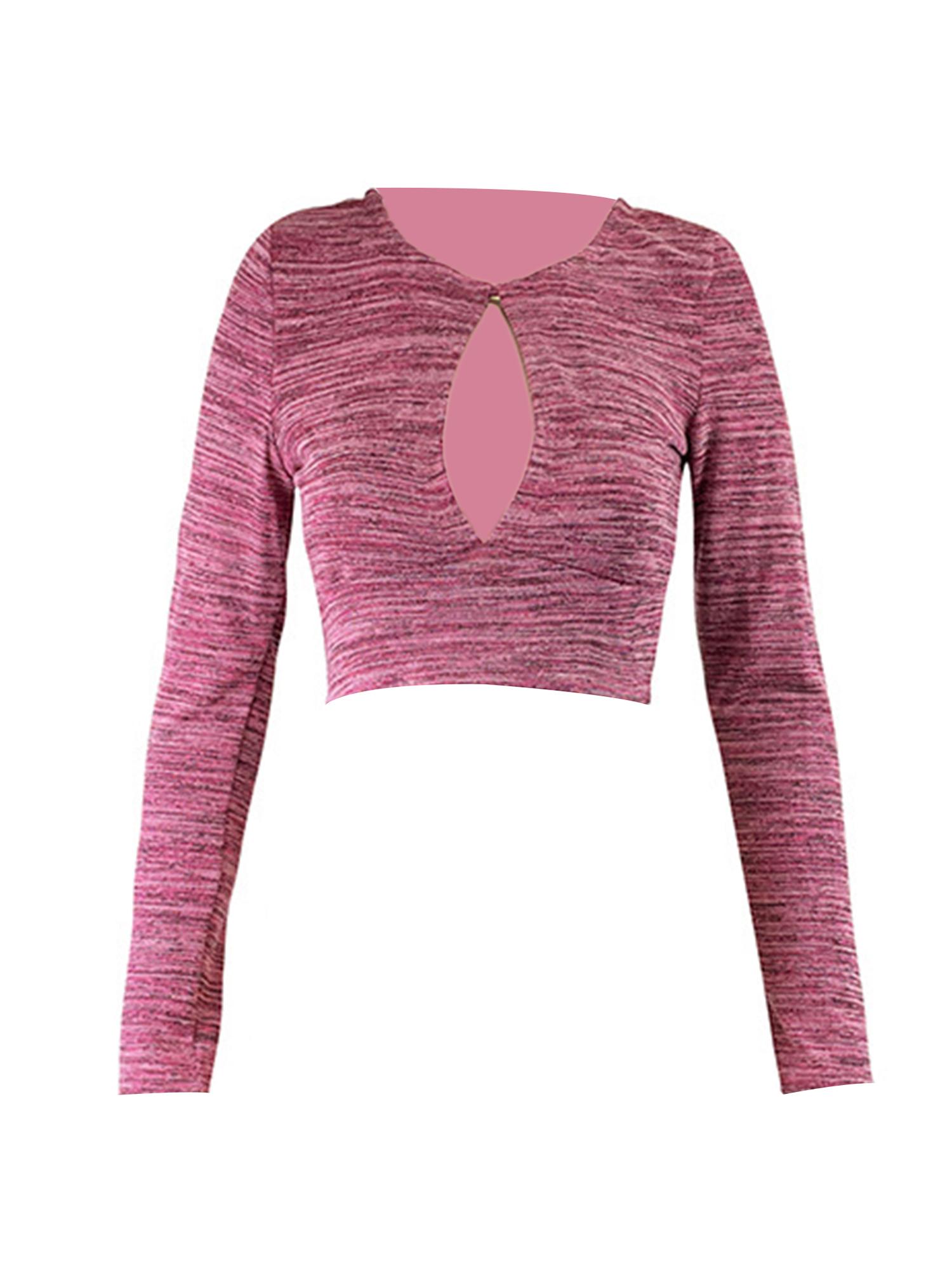 

Женские тонкие полые укороченные топы смешанного цвета с длинным рукавом и круглым вырезом, стильный дизайн, облегающие футболки с открытой спиной и завязками, топ M фуксия