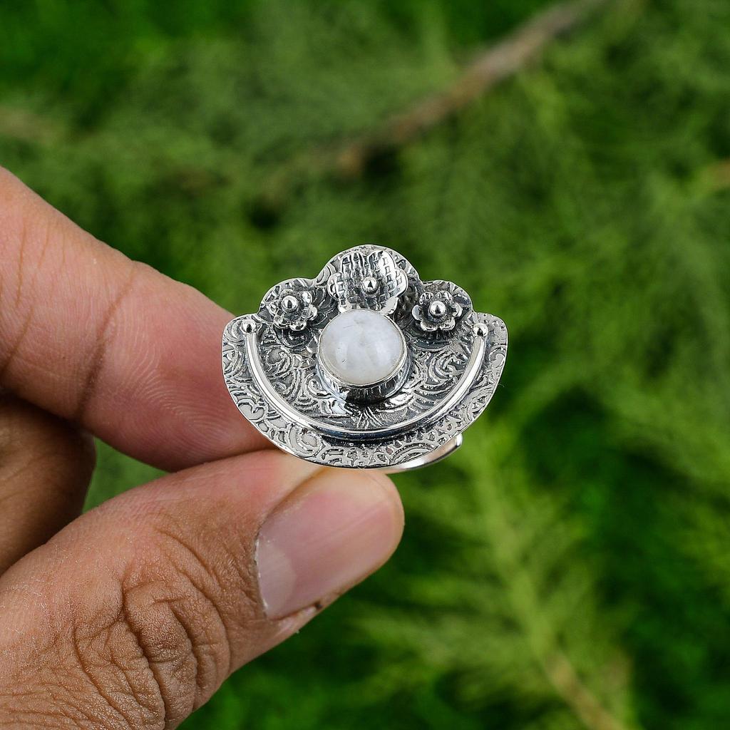 Sterling Silver Natural Rainbow Moonstone Flower Solitaire Wedding Ring Jewelry