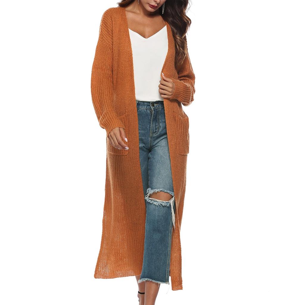 Modische, lässige, lange, knopflose, einfarbige Pullover-Cardigan-Jacke für Damen