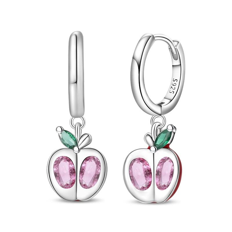 Colorful 925 Silver Apple & Strawberry & Red Wine Clink Asymmetry Earrings For Fruit Party Fine Jewelry Gift