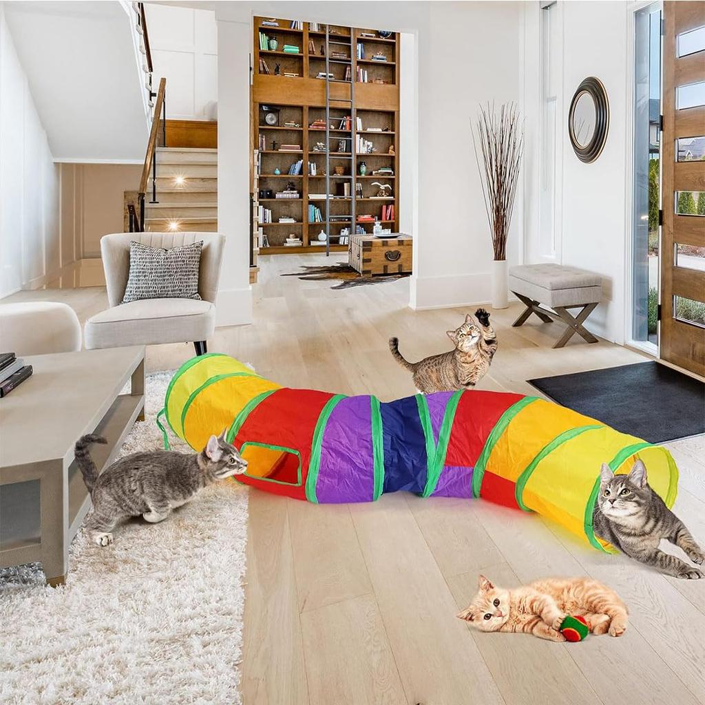Samcos Cat Tunnel, Pet Toy, Long Rainbow Tunnel, 123cm, Washable, with Two Long S-Shaped Holes, Foldable, Easy to Store, Cat Play, Pet Toy, Exercise