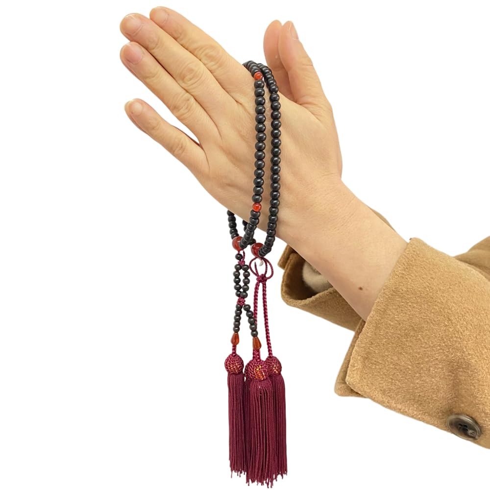 WONDERFUL LOTUS Myo Lotus Flower Jodo Shinshu Buddhist Prayer Beads for 8 Ebony and Agate Crimson Prayer Beads Bag Formal 108 8 Double Suitable for