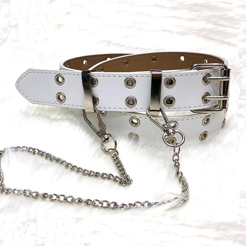 European & American Hip-Hop Punk Style Leather Eyelet Belt with Chain Decoration