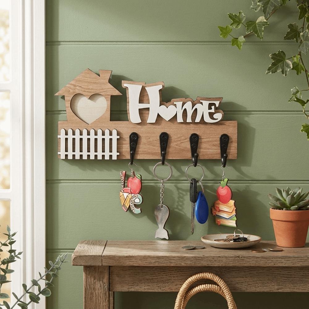 Vintage Wooden Key Hook 4 Hooks Wall Storage Rack Durable Wall-Mounted Key Holder  Office