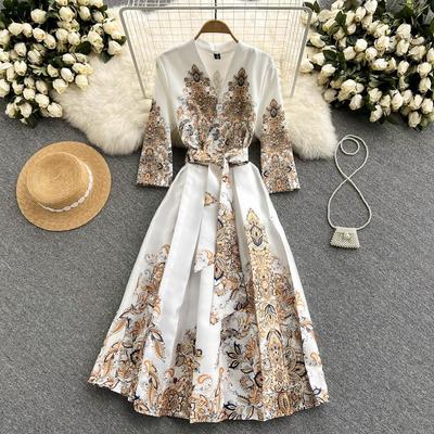 Ladies Spring Autumn New Fashion Vintage Court V-Neck Tie Corset Elegant Evening Dress Vintage Print Long Midi Dress