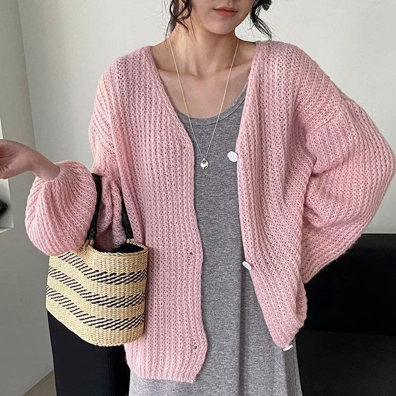 2025 Spring Solid Cardig  Women Solid Sweaters Knitting Basic Fashion O-Neck Style Loose Pullover Sweater