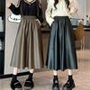 Women's 2024 PU Leather A-Line Mid-Length Skirt: Autumn/Winter Fashion, Elastic Waist, Versatile Temperament, Loose Fit Umbrella Design