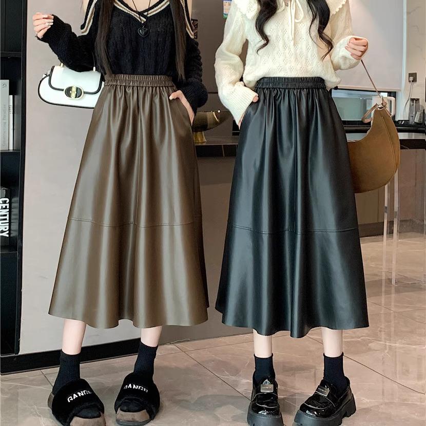 Women's 2024 PU Leather A-Line Mid-Length Skirt: Autumn/Winter Fashion, Elastic Waist, Versatile Temperament, Loose Fit Umbrella Design