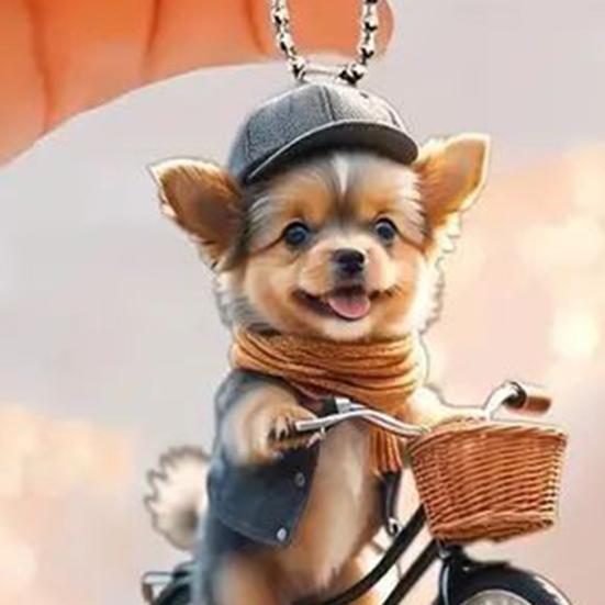 Christmas Ornament Funny Bicycle Dog Pendant Acrylic 2D Cartoon Animal Hanging Decoration for Xmas Tree Home Car Decor