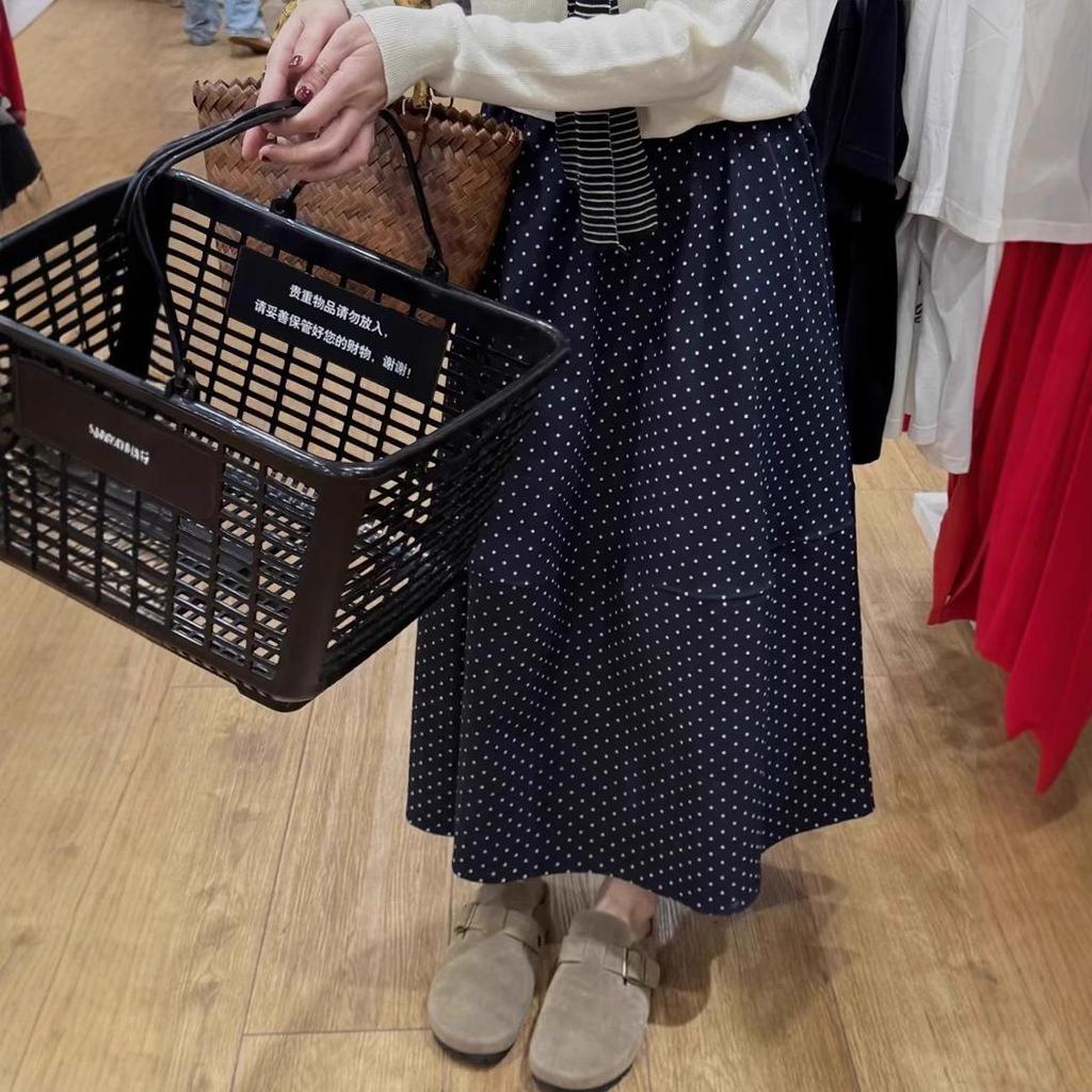 Women's Summer 2025 Navy Blue Polka Dot High-Waisted A-Line Midi Skirt