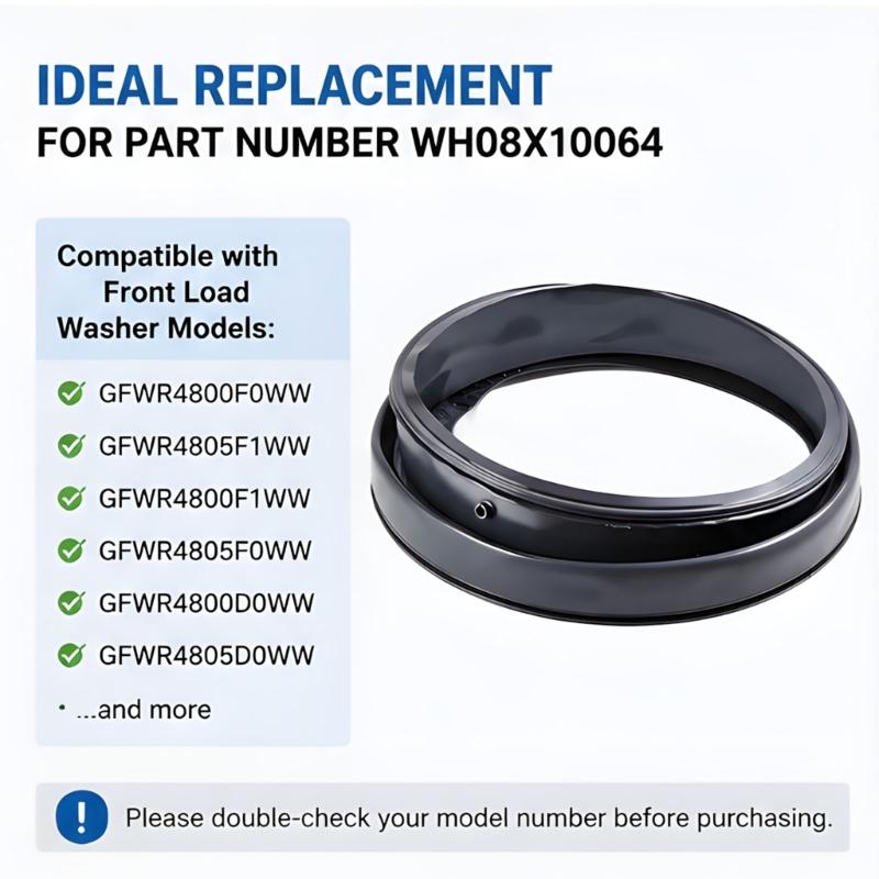 Rubber Washer Door Gasket Replacement WH08X10064, Molded Front-Load Washing Machine Seal That Helps Contain Wash Water Around the Door Opening