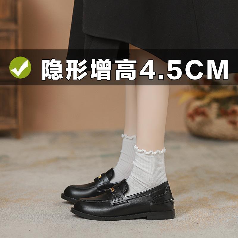 [sheii] Horse skin retro brown small gold coin inner height increase women's small leather shoes small size 32