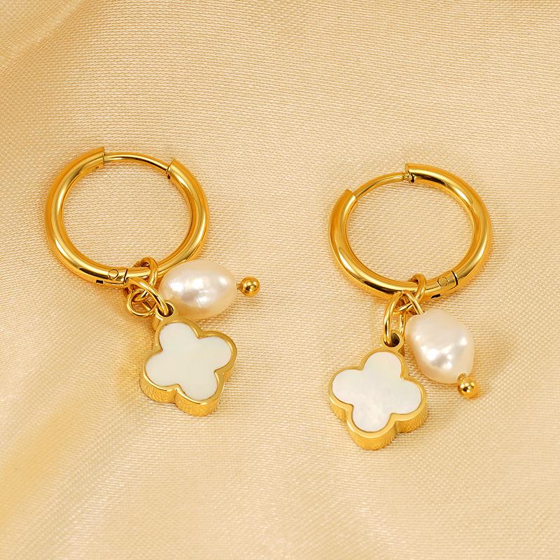 18K Gold-Plated Stainless Steel Clover Pearl Earrings - European & American Fashion for Women