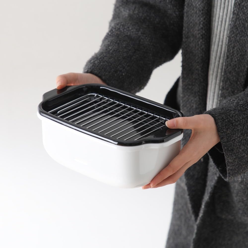 Fuji Enamel Square Deep Fryer Set with Thermometer, Baking Rack, and Stainless Steel Chopsticks. White.