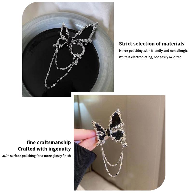 Black Butterfly Chain Tassel Brooches For Women Unisex Suit Sweater Corsage Badge Pins Clothes Accessories Party Wedding Gifts