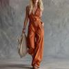 1116 nieuwe Europese en Amerikaanse casual mode westerse stijl V-hals voorkant knoop mouwloos linnen jumpsuit
