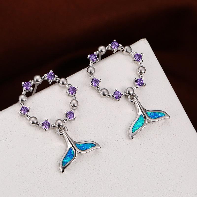 Earrings White Gold with Purple Diamond Blue Opal Fishtail Stud Earrings
