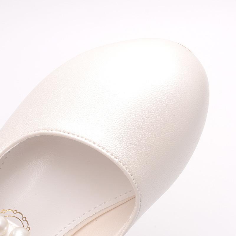 Children's Leather Shoes with White Bows, Spring and Autumn Girls' High-heeled Princess Shoes, Little Girls' Pearl Single Shoes