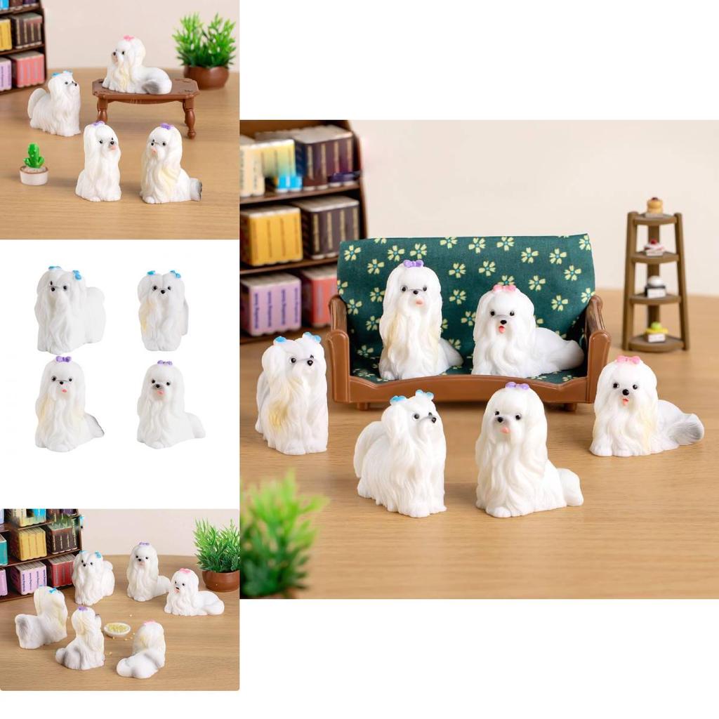 Adorable Resin Maltese Dog Figurine With Pink Bow Miniature Desk Decor