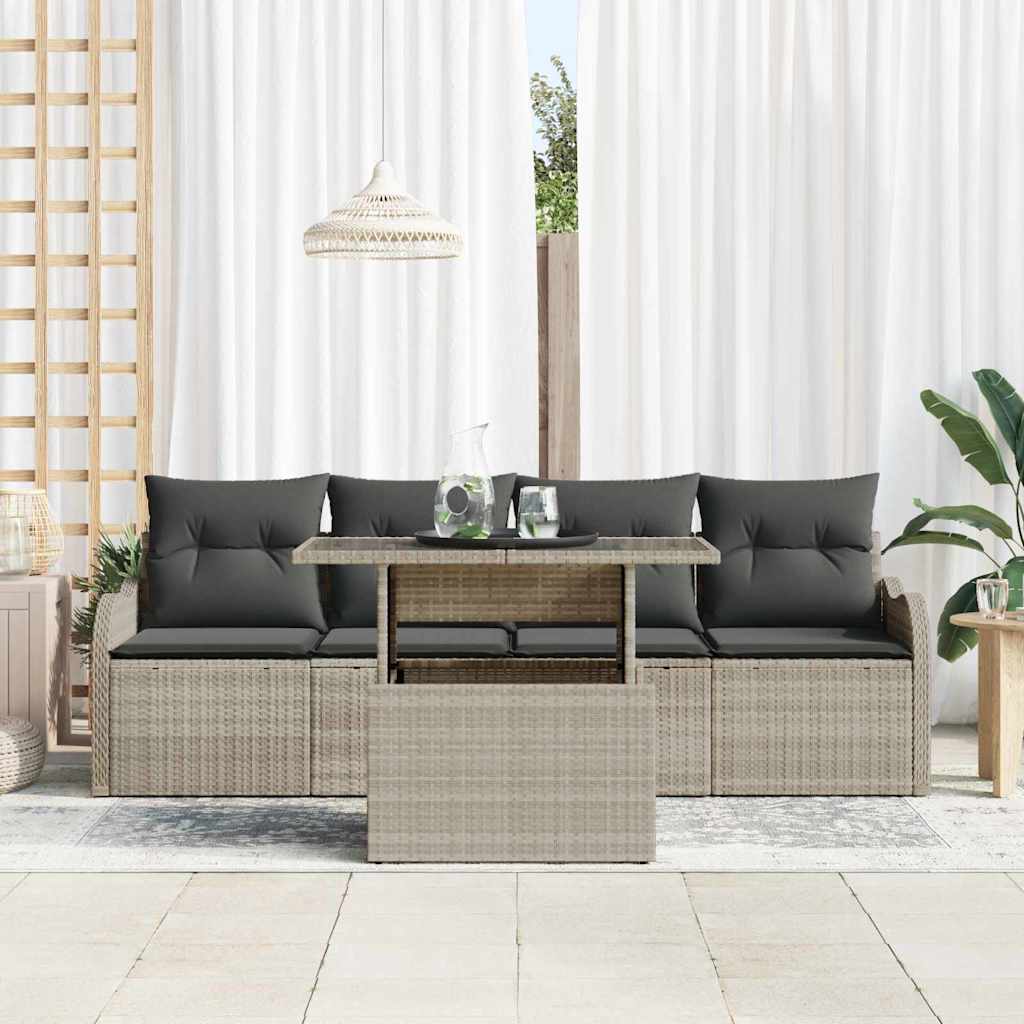 5 Piece Sofa Set with Cushions Light Grey Poly Rattan