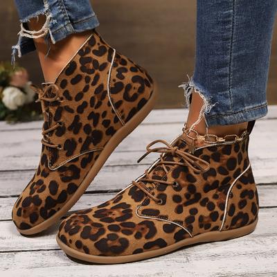 Botines Planos de Moda con Estampado de Leopardo para Mujer Otoño 2024 Con Cordones Caña Alta Zapatos Casuales Mujer Ante Sintético Suela Suave Trabajo Botas Mujer