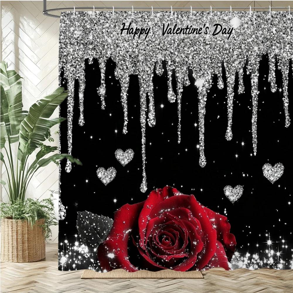 Glänzende rosafarbene Blume Stil bedruckter Stoff Duschvorhang Badezimmervorhang, Valentinstag Heimdekorationsvorhang mit Haken