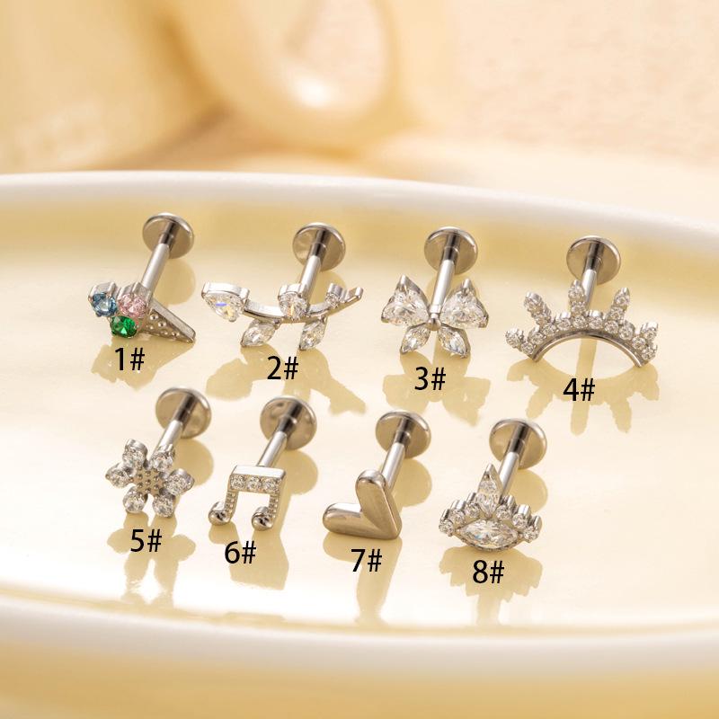 Henson F136 Titanium Micro-Paved Zirconia Heart Flat Back Internal Thread Cartilage & Lip Stud.