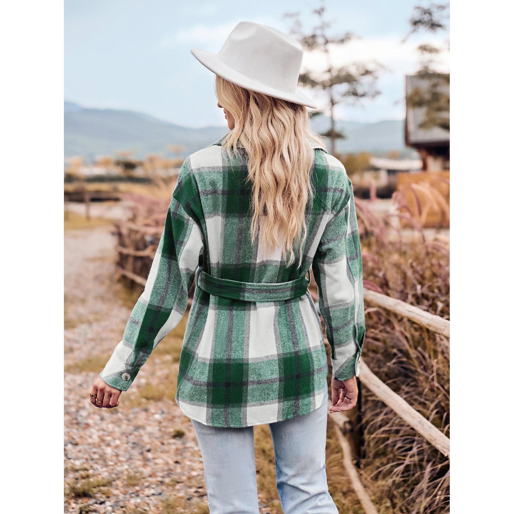 Женская рубашка-рубашка с длинными рукавами и воротником в клетку с завязкой на талии — фото 3