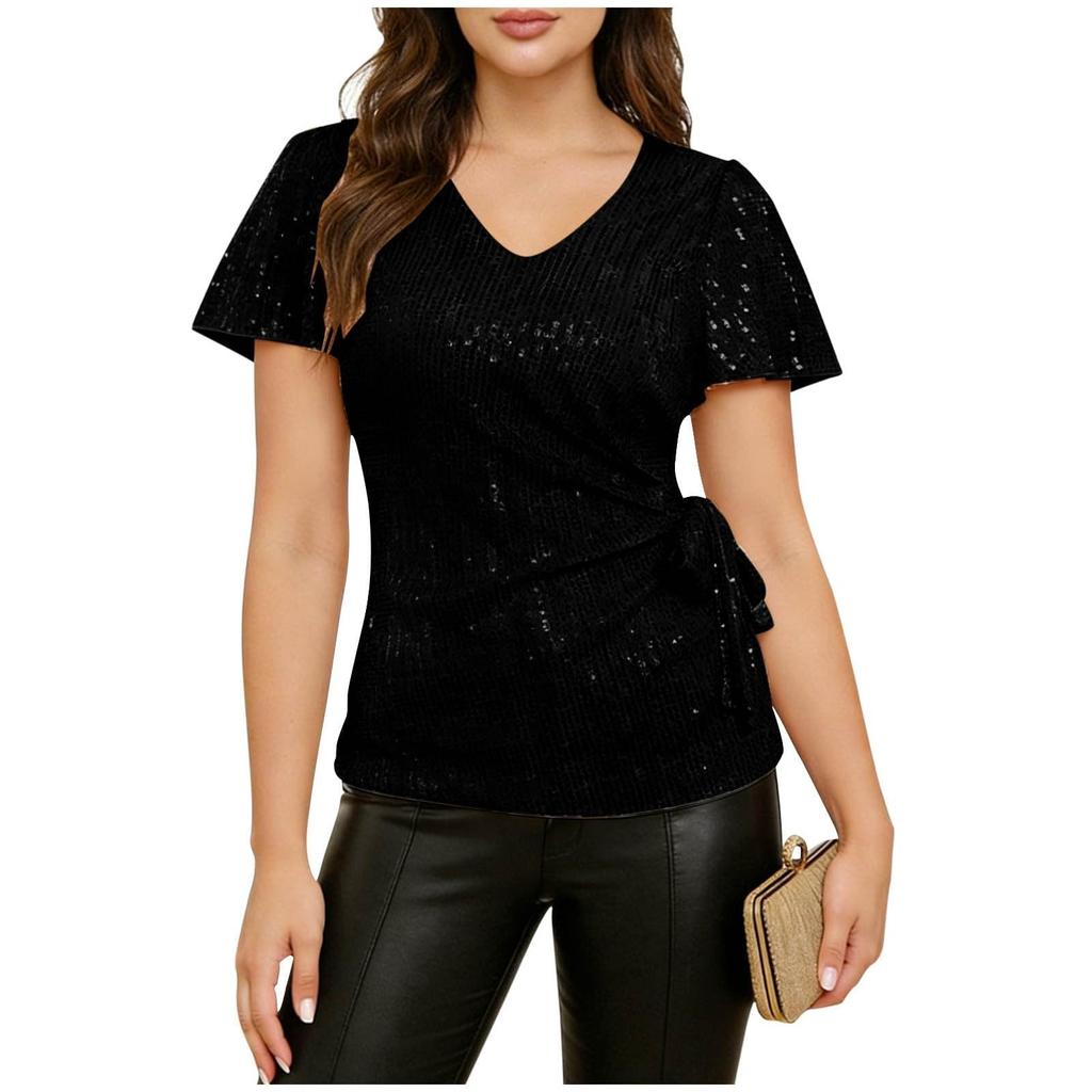 Short Sleeve Blouses for Women V Neck Wrap Design Fabric Womens Short Sleeve Shirts Women's Short Sleeve Tops