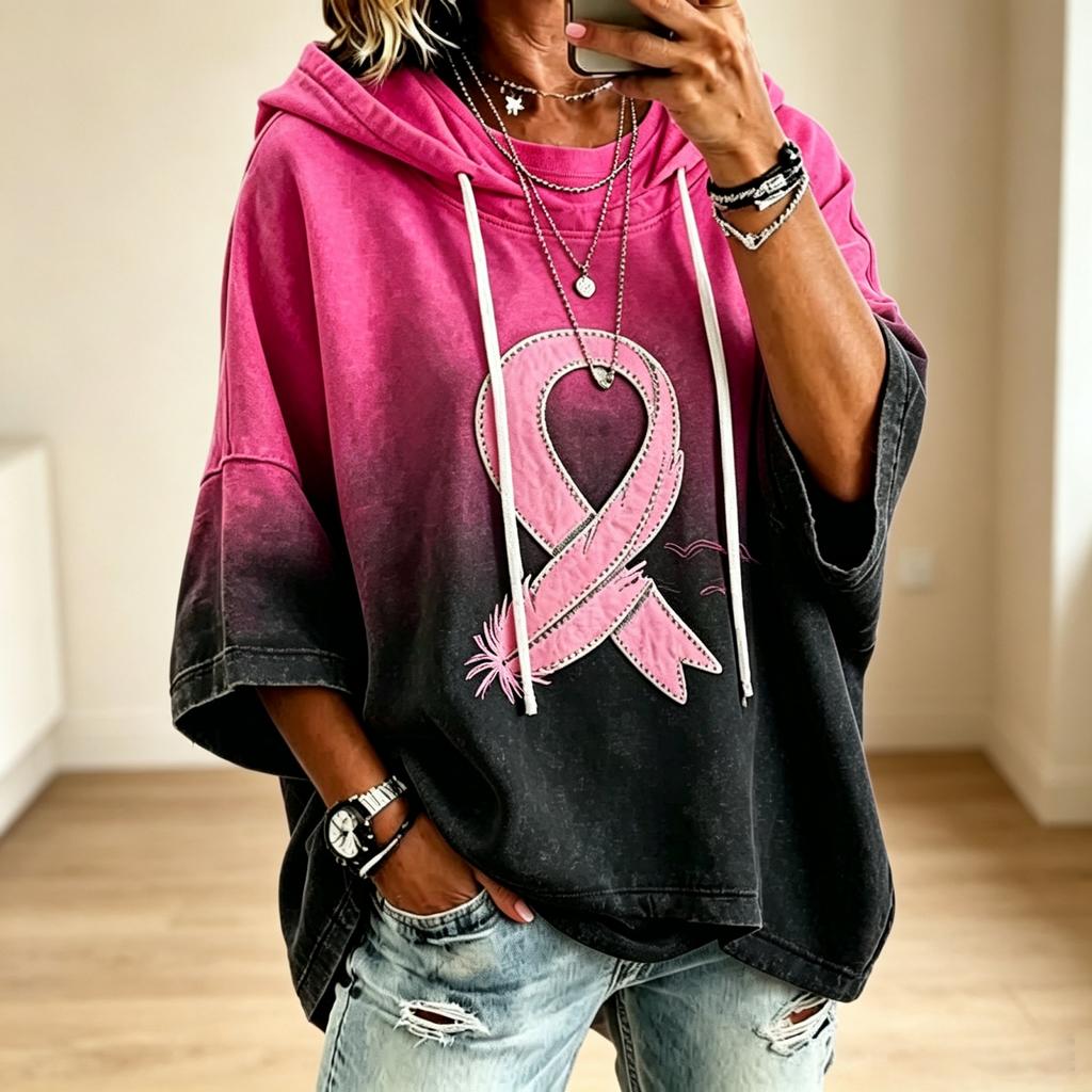 Women's Hooded Print 3/4 Sleeve Loose Fit Sweatshirt for Casual Everyday Wear