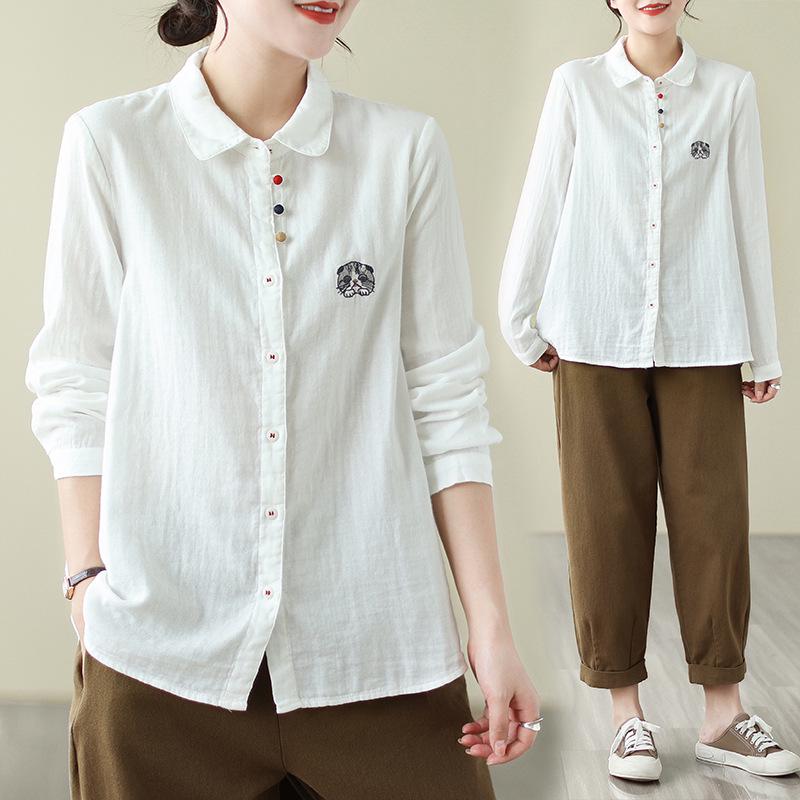 Women s Chic White Cat Embroidered Loose Slimming Shirt - Spring 2026 XL белый