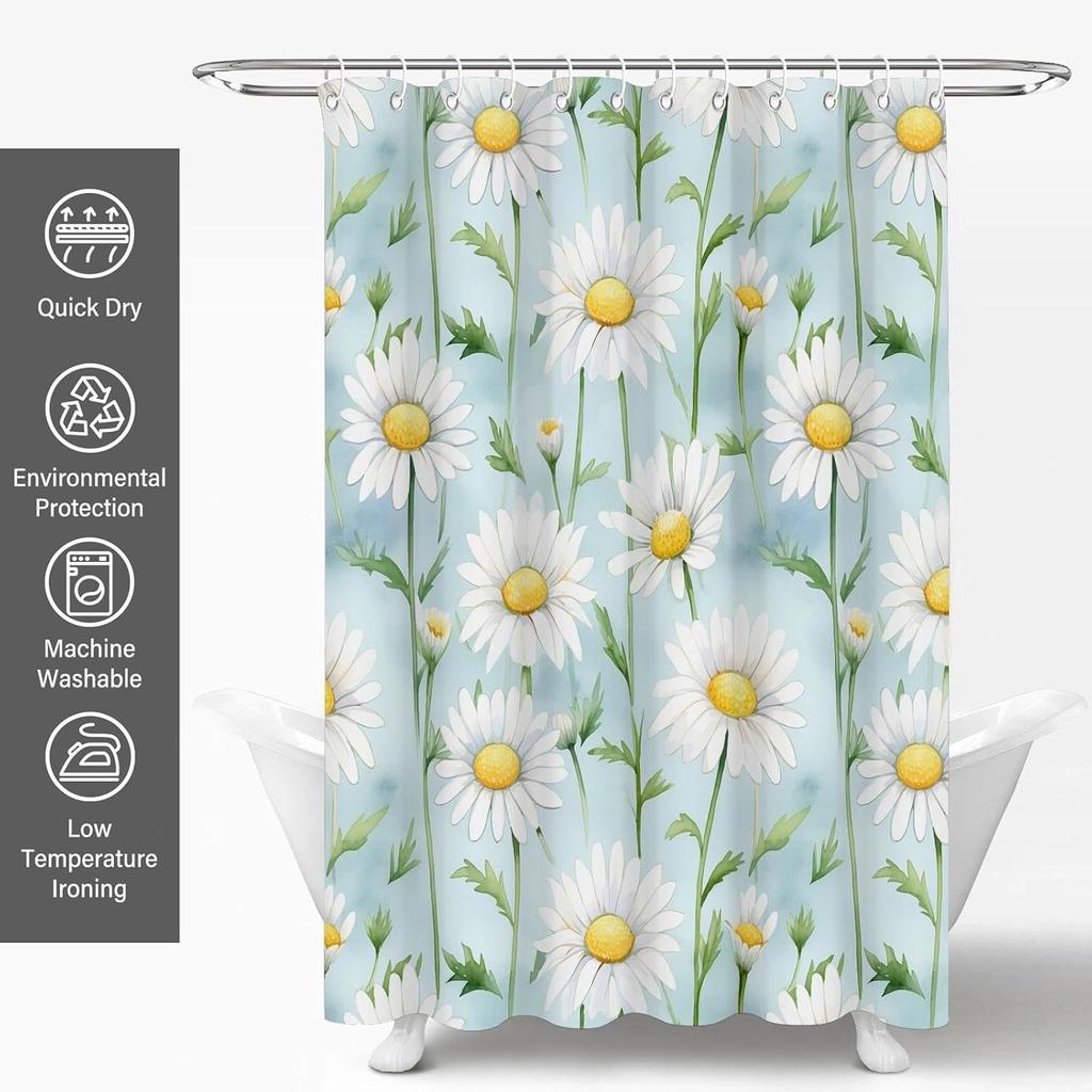 Blue Floral Shower Curtains,Cute Daisy Bathroom Curtain,Flower Washable Waterproof Polyester Fabric Bath Curtain Modern Aestheti