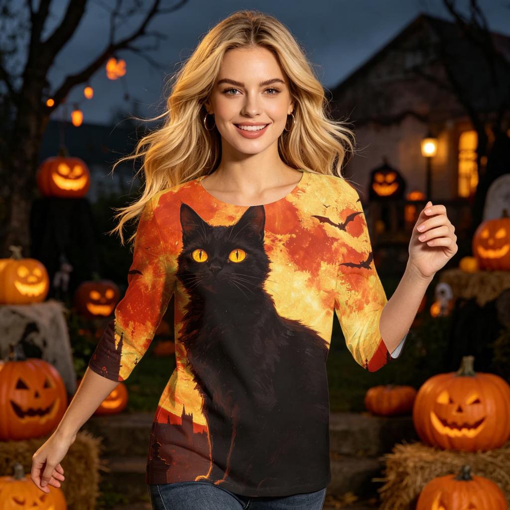 Women's Casual Halloween Graphic Top Three Quarter Sleeve Round Neck Shirt Lightweight Soft Fabric Comfortable Fit