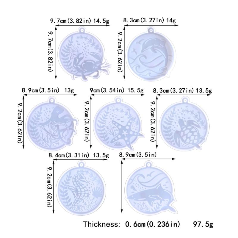 7Pcs Round Keychain Glue Drop Moulds Diy Marine Animal Hippocampus Octopuses Whale Key Pendant Silicone Mould for Crafts