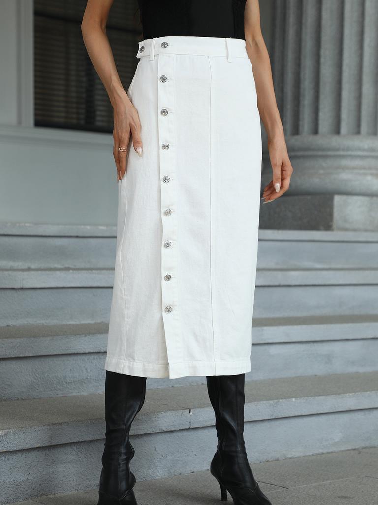 Damen High Waist Midi Rock Gerader Schnitt Seitlicher Knopfschlitz Eleganter Britischer Stil Jeansrock