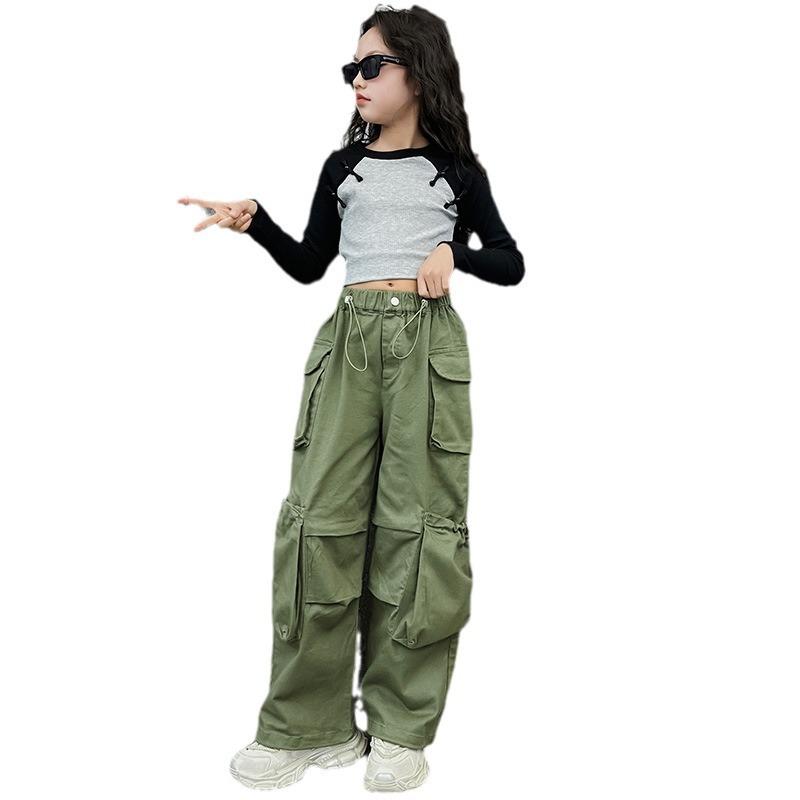 Модные топы и брюки для девочек на осень, детские костюмы из двух частей, повседневный базовый слой, джинсовые комбинезоны 110 армия зеленый