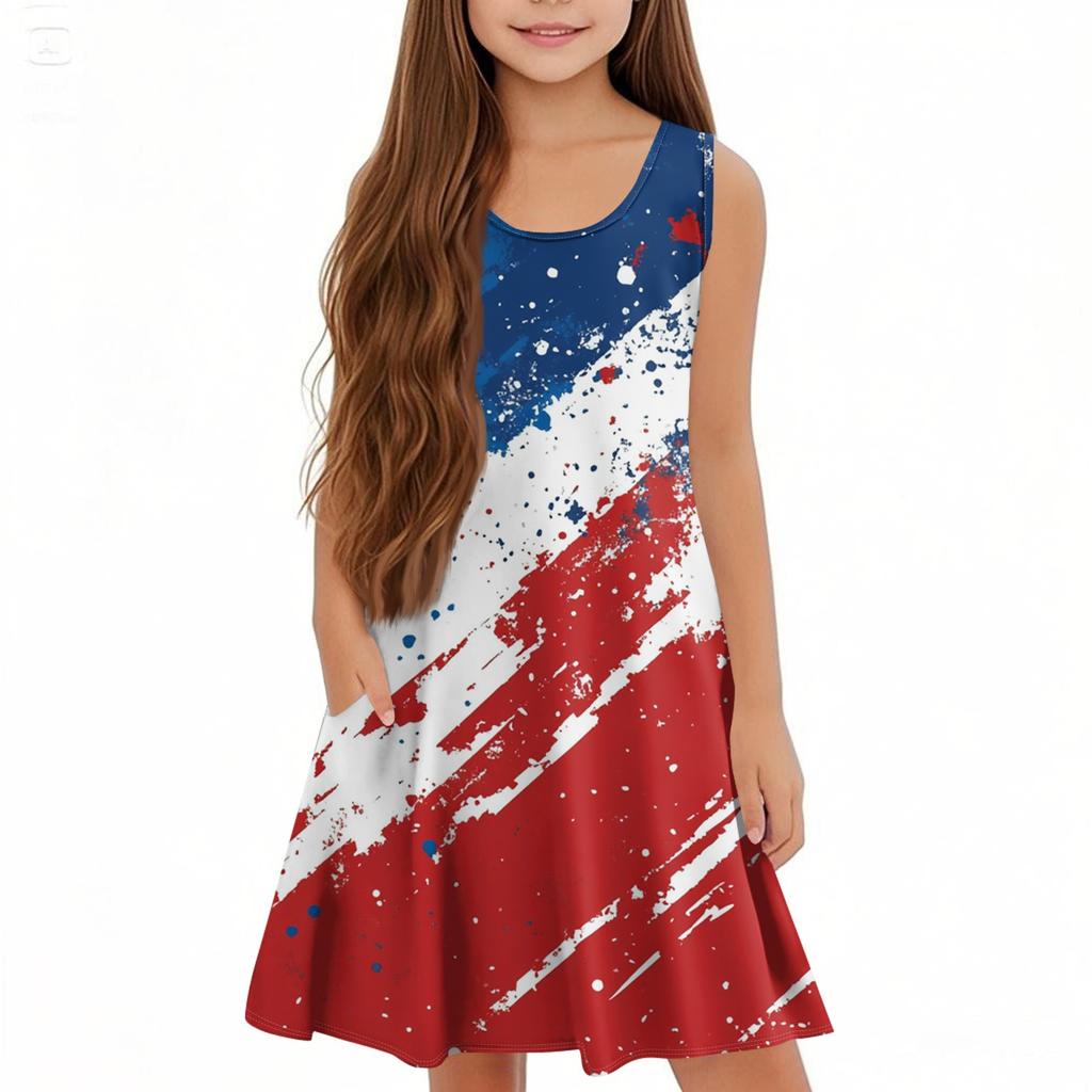 Children's Sleeveless U-neck Summer A-line Casual Independence Day Dress