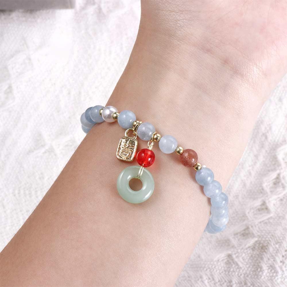 BEPAN 2023 New Pearl Agate Lucky Cat Bracelet for Women  Chinese Style Jade Pendant Simple Wild Elastic Rope Crystal Beads Jewelry