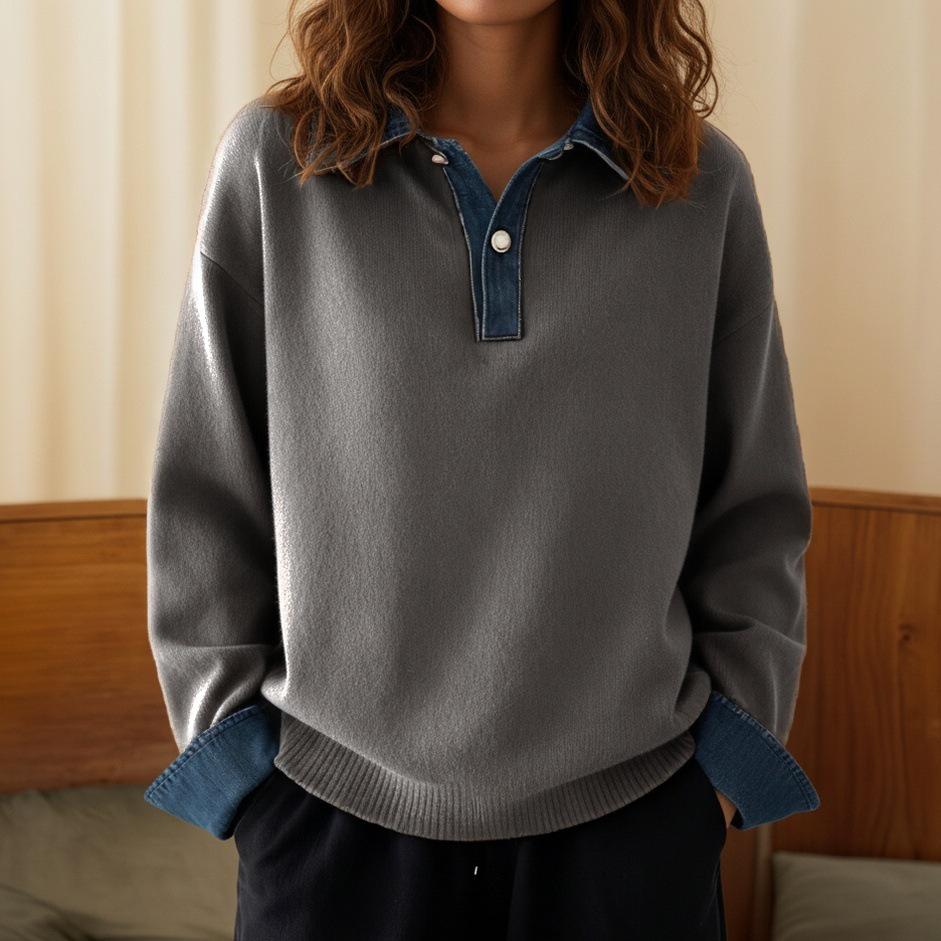 European & American Autumn/Winter Color Block Denim Patchwork Knit Pullover Sweater for Women