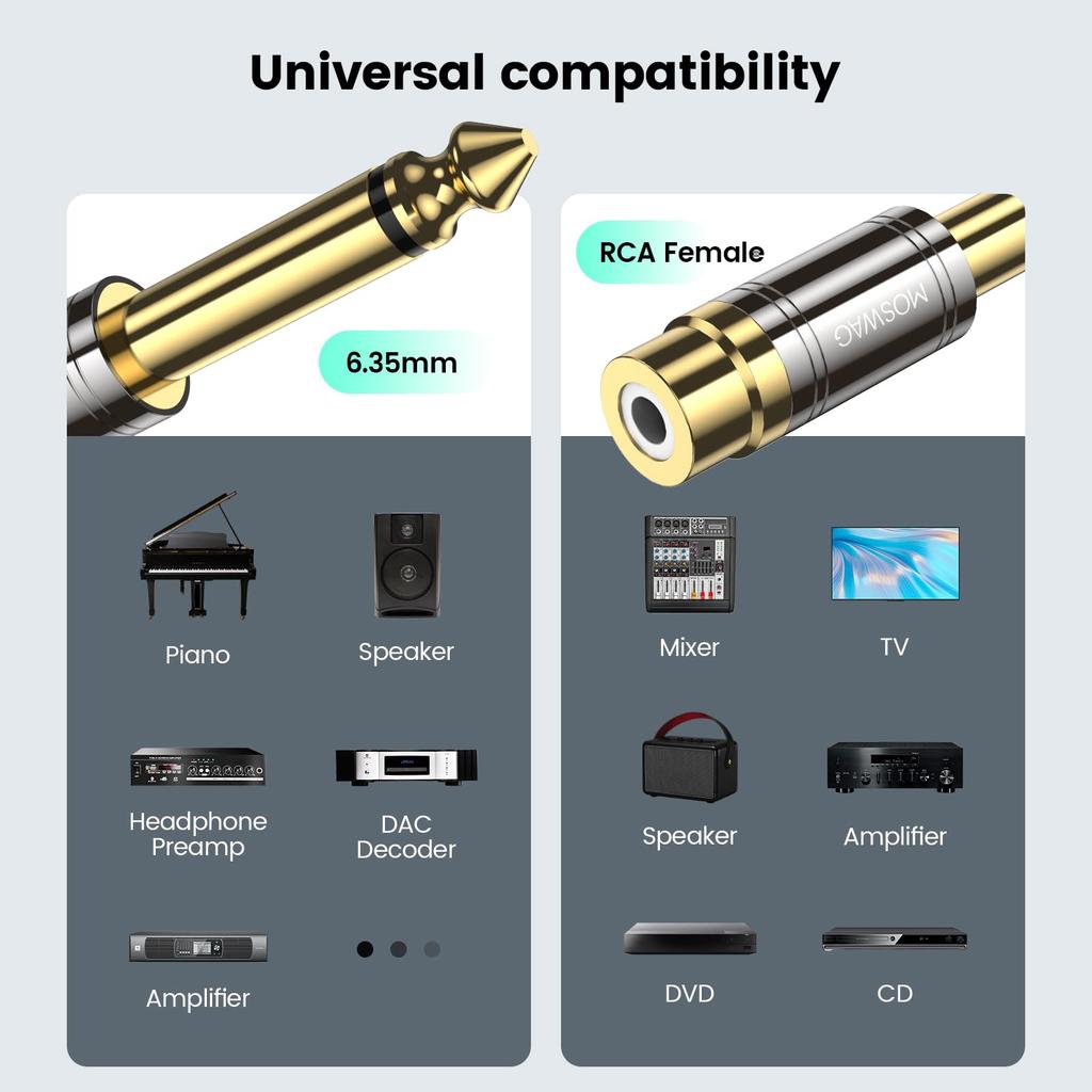 MOSWAG To RCA Female RCA To Audio Mono Plug Male To RCA Mother Connector Compatible with Home Theater and Musical Instruments 6.35mm Adapter, 6.35mm