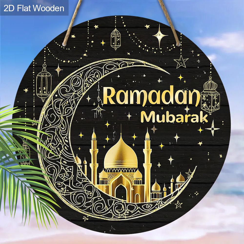 """Ramadan Mubarak" Mond & Moschee Holzschild, Runde Haustür Dekoration, Islamisches Wandbehang - Ideales Geschenk für Ramadan & Eid Feiern"""