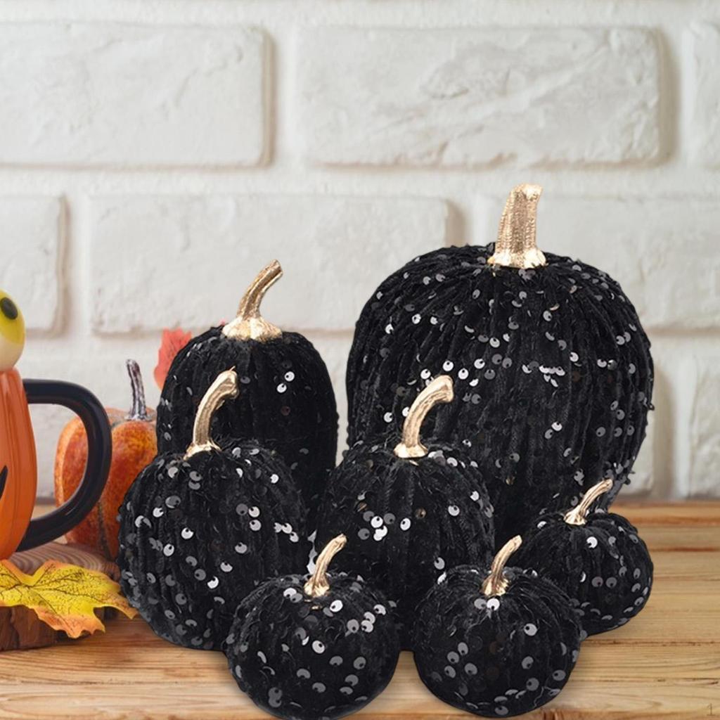 7 Pieces Artificial Glitter Pumpkins Assorted Velvet Pumpkin Faux Fall Decorations