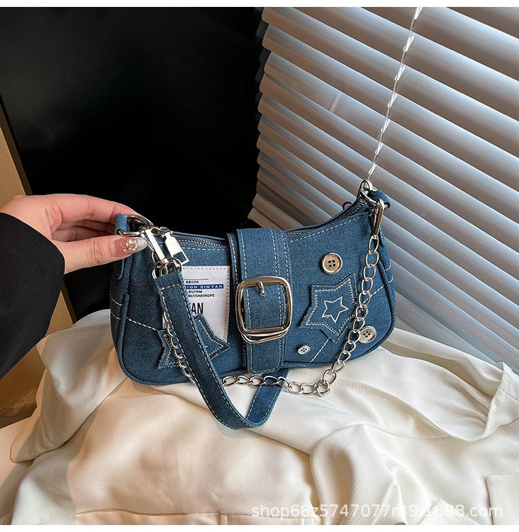 New fashion personalized millennial babes y2k babes black star denim underarm bag niche messenger chain bag