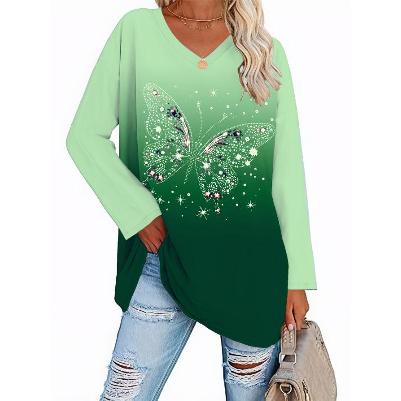 Fashion Women's Basic V-Neck Long Sleeve Butterfly Printed Polyester Relaxed Fit Tees Shirt Spring Fall Casual Comfort Tops