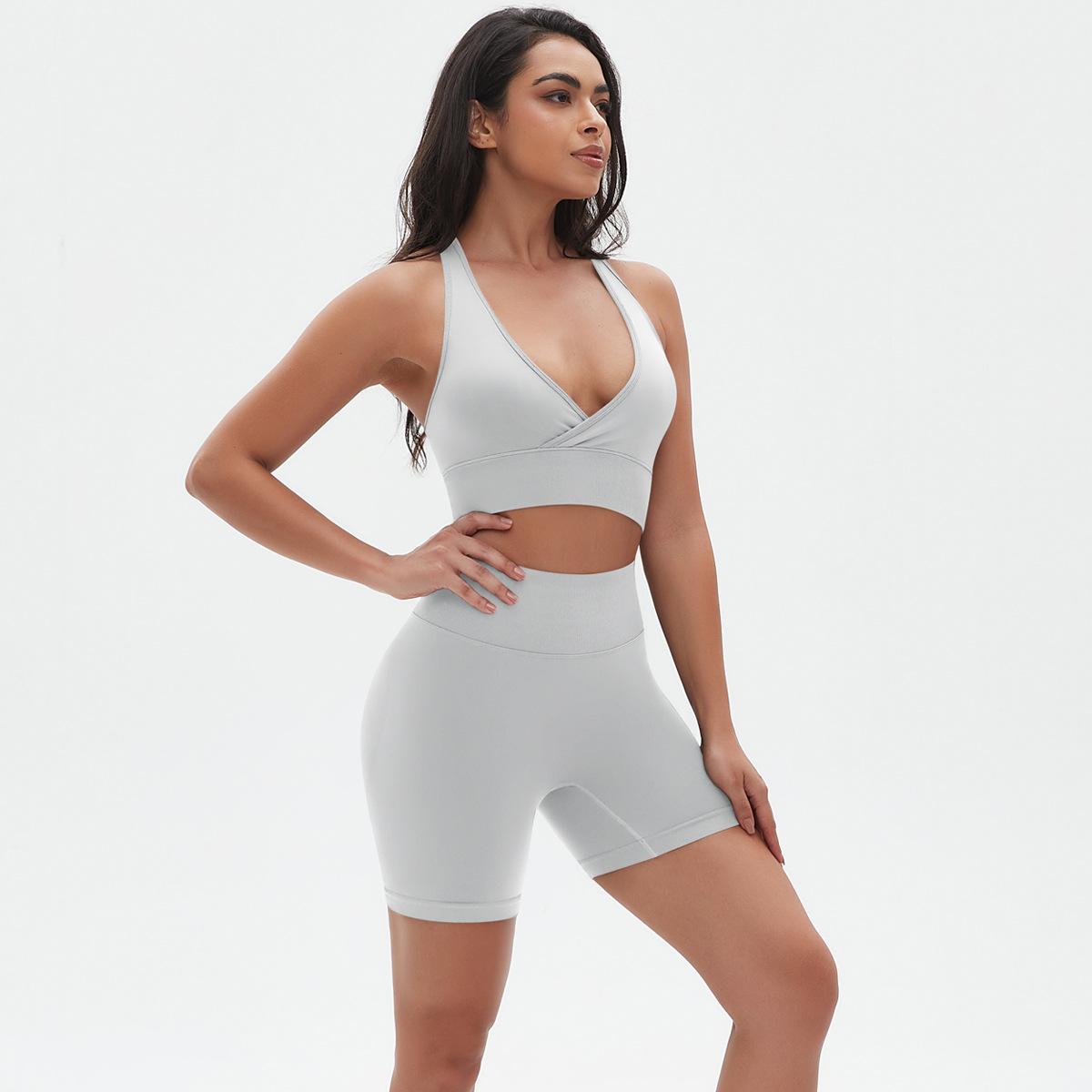 

Бесшовный вязаный однотонный спортивный костюм с высокой эластичностью сзади для йоги и бега для женщин S белый